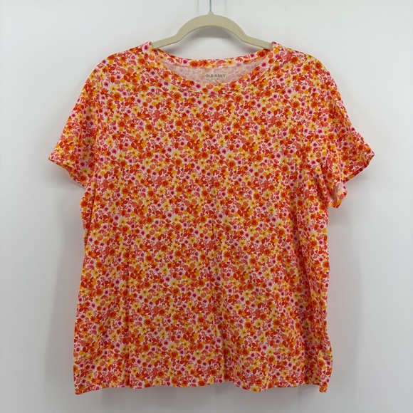 Old Navy Tops - Old Navy Womens‎ T Shirt Orange Floral Print Short Sleeve Crew Neck Top Size L